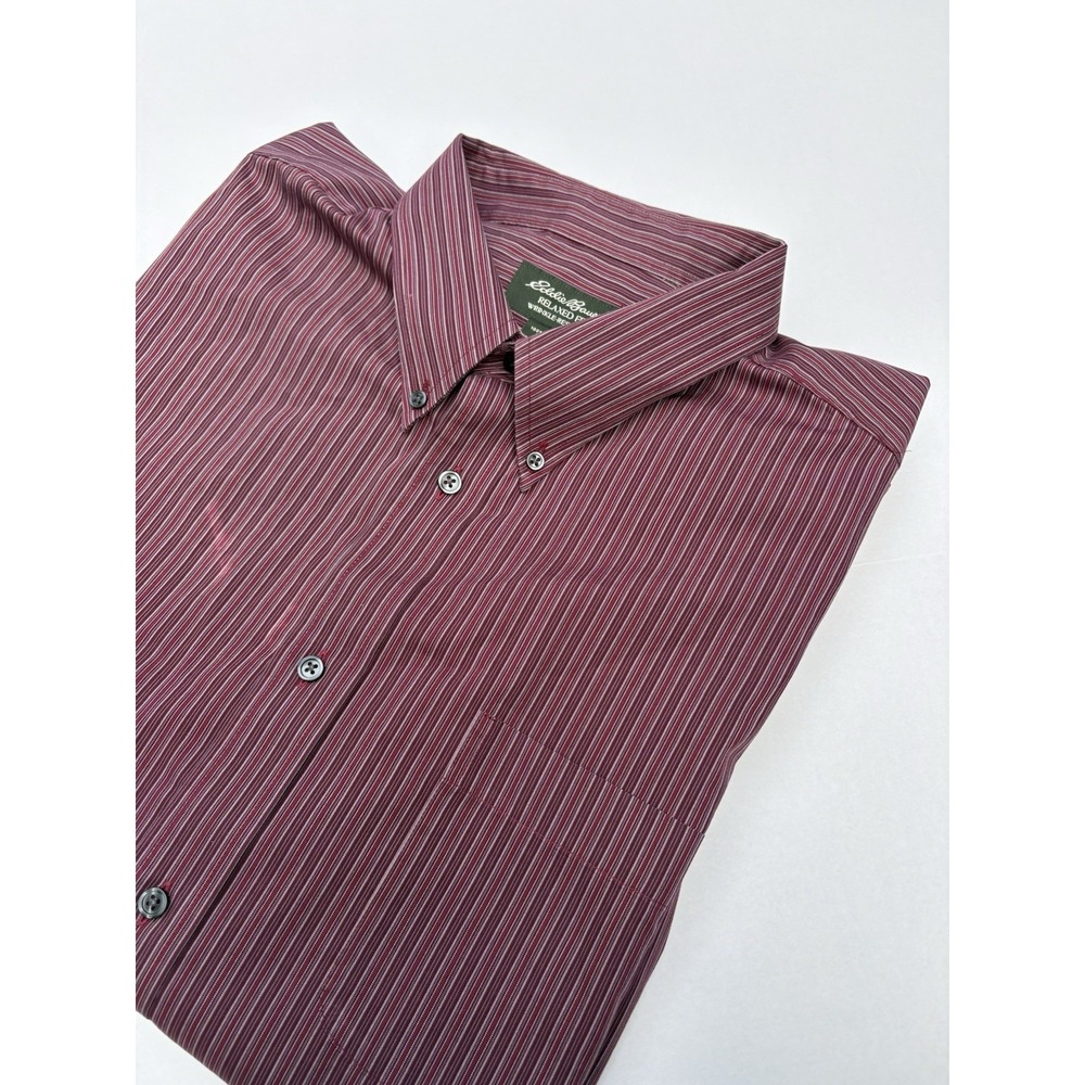 Eddie Bauer Mens 2XL Striped Button Down Shirt Wrinkle Free Relaxed Fit Maroon